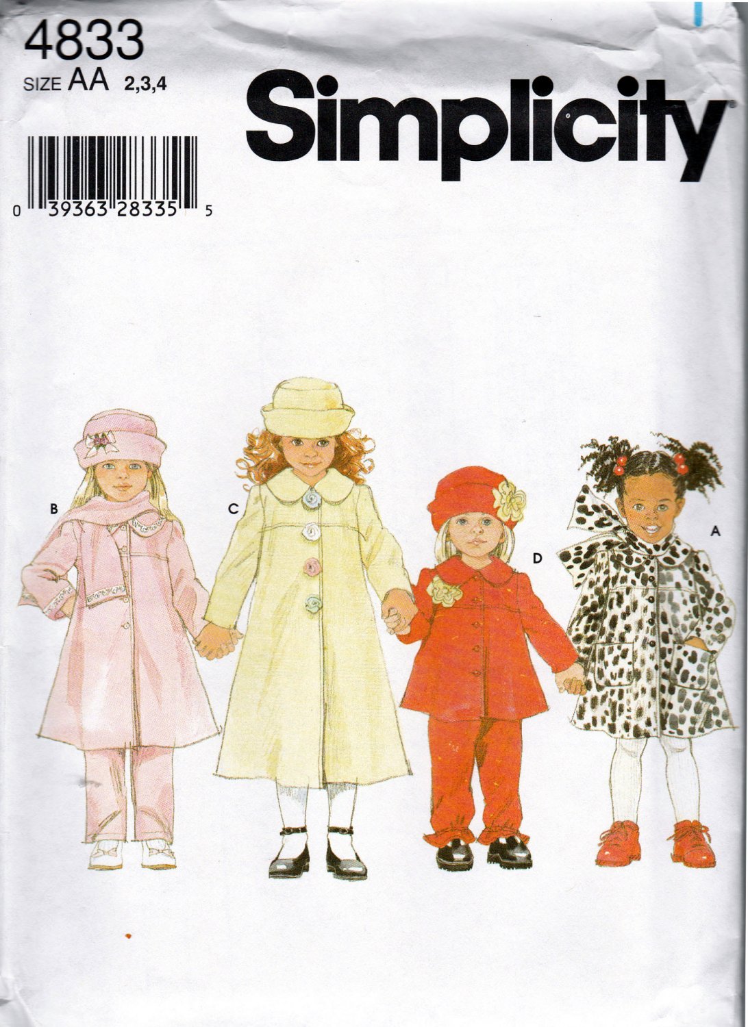 Simplicity 4833 Toddler Girls Sewing Pattern Childrens Coat Jacket Pants Hat Scarf Sizes 2-3-4