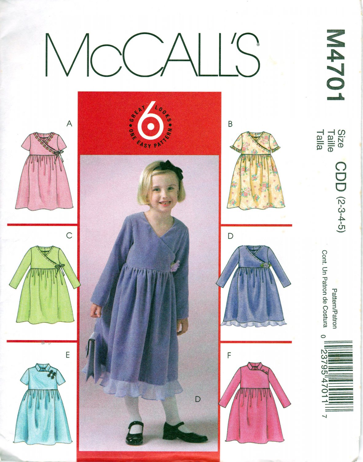 McCall's 4701 M4701 Girls Sewing Pattern Childrens Dresses Kids Sizes 2-3-4-5 Easy Sew 6 Looks