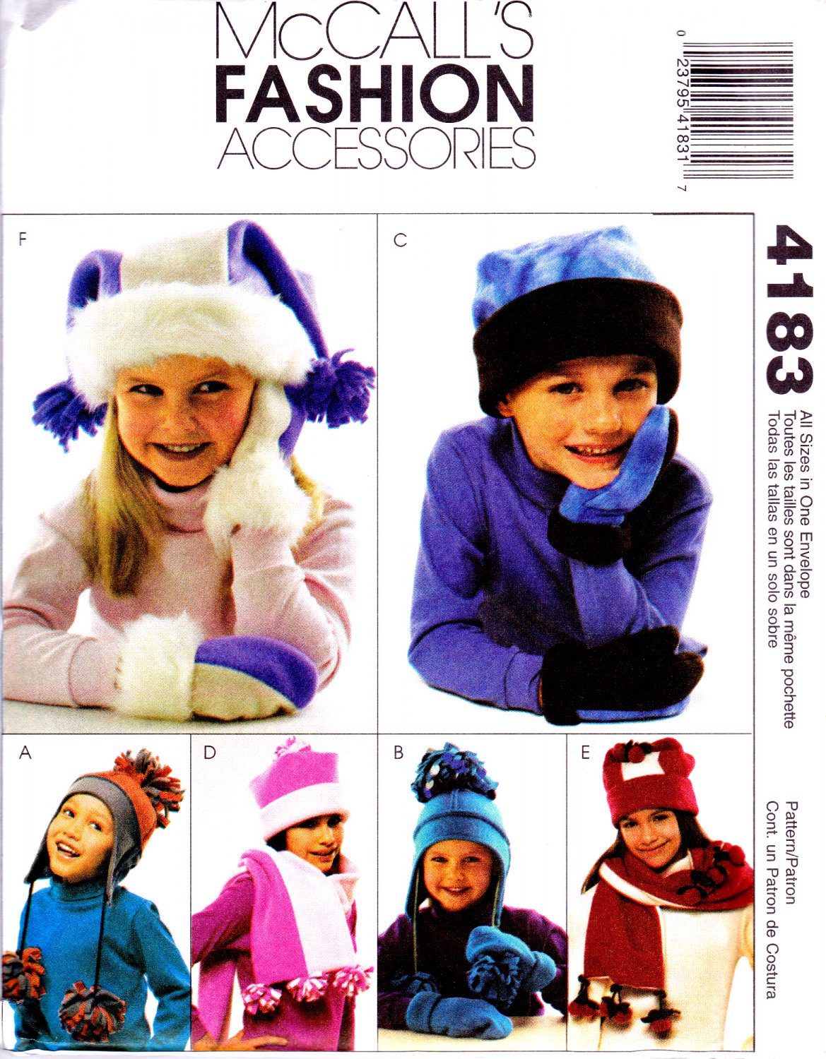 McCall's 4183 M4183 Girls Fashion Accessories Sewing Pattern Children Hat Mitten Kids Size OSZ