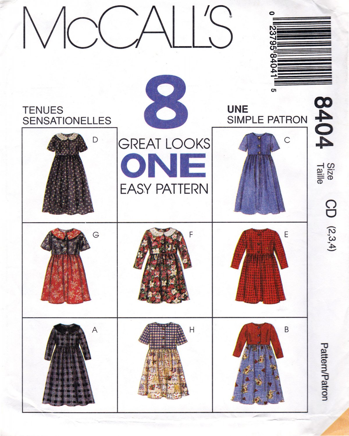 McCall's 8404 M8404 Girls Sewing Pattern Childrens Dresses 8 Looks Kids Sizes 2-3-4