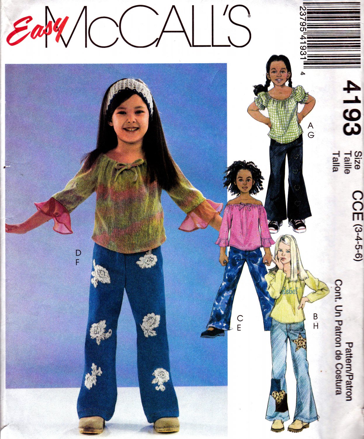 McCall's 4193 M4193 Girls Sewing Pattern Childrens Pants and Tops Kids Sizes 3-4-5-6