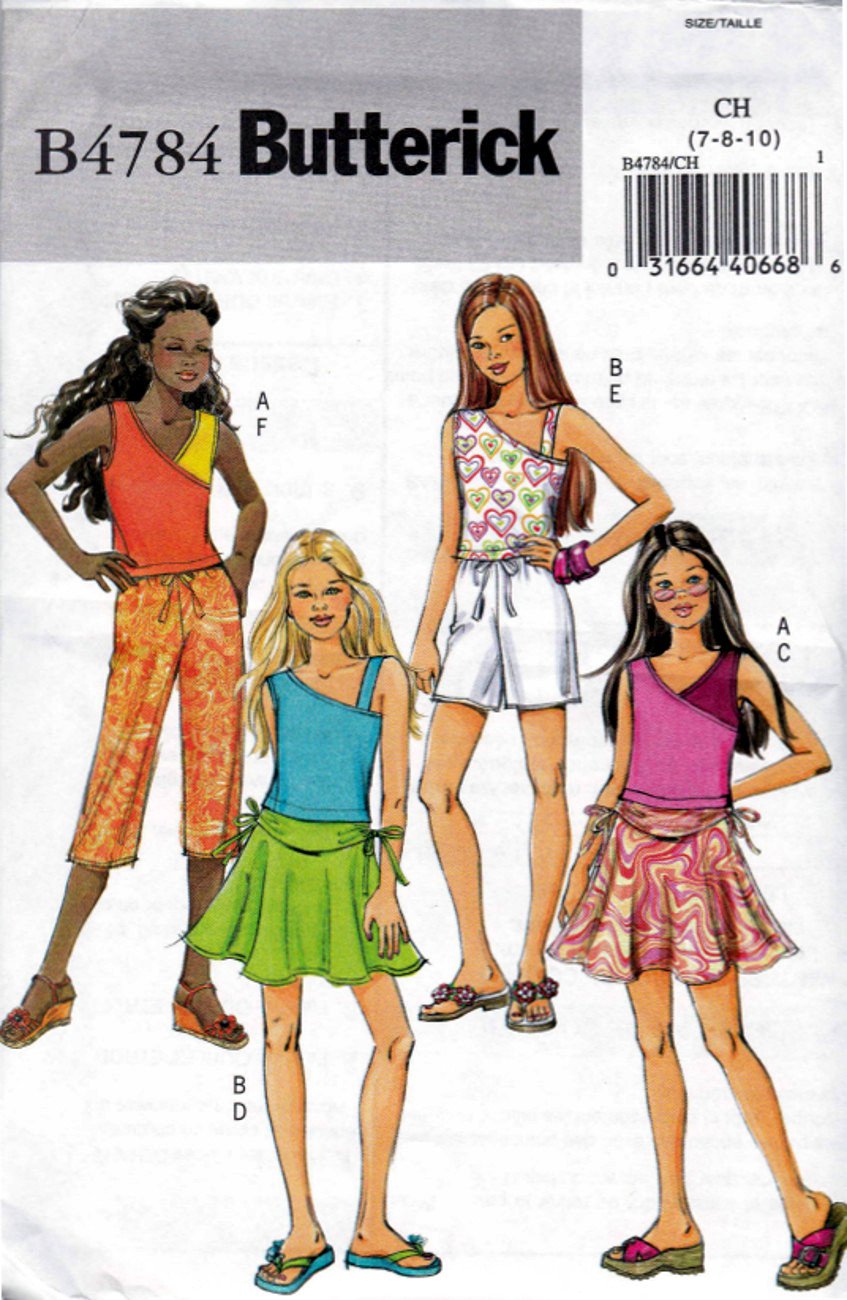 Butterick B4784 4784 Girls Sewing Pattern Childrens Top Skirt Shorts Pants Kids Sizes 7-8-10