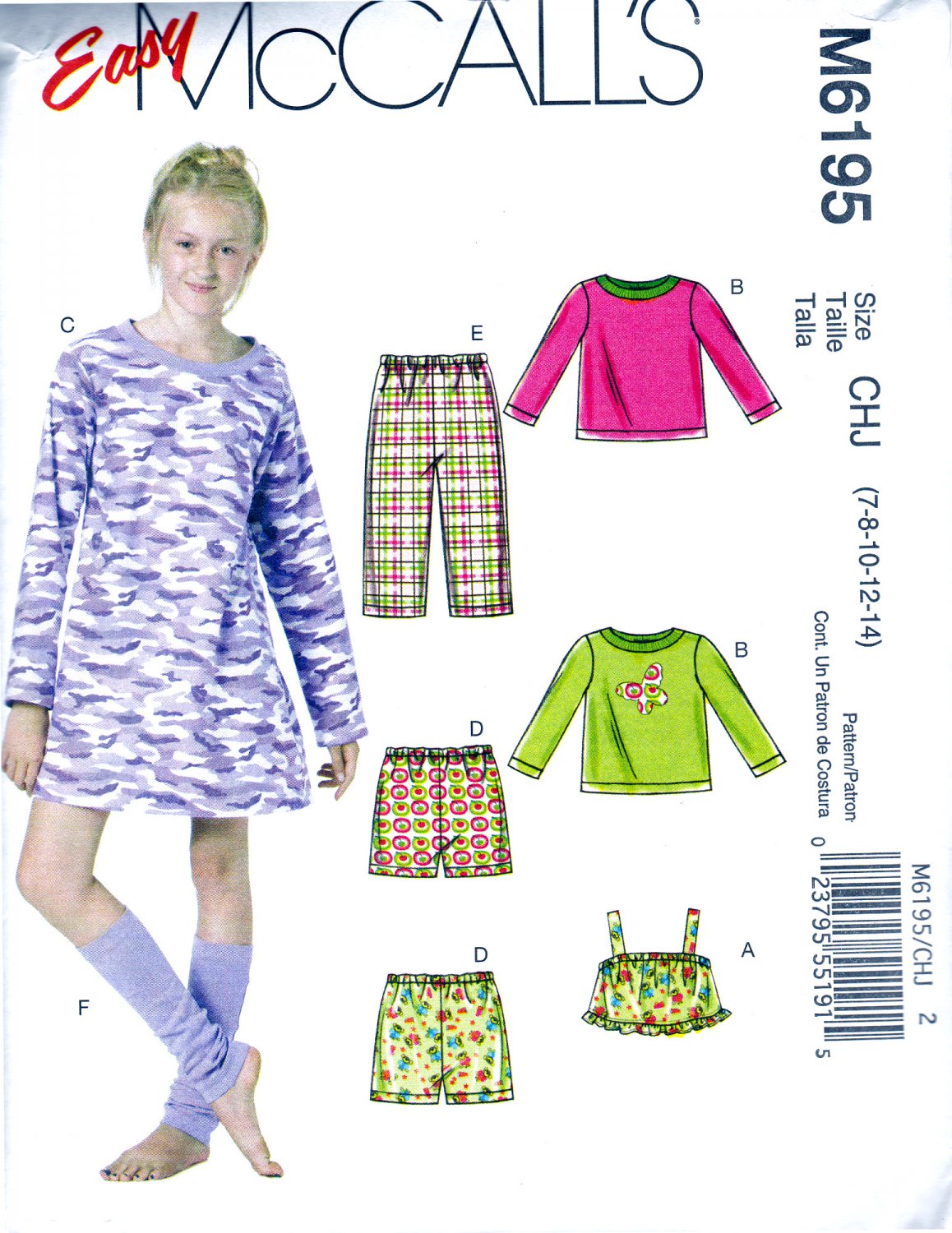 McCall's 6195 M6195 Girls Sewing Pattern Childs Top Gown Shorts Pants Leg Warmers Sizes 7-8-10-12-14