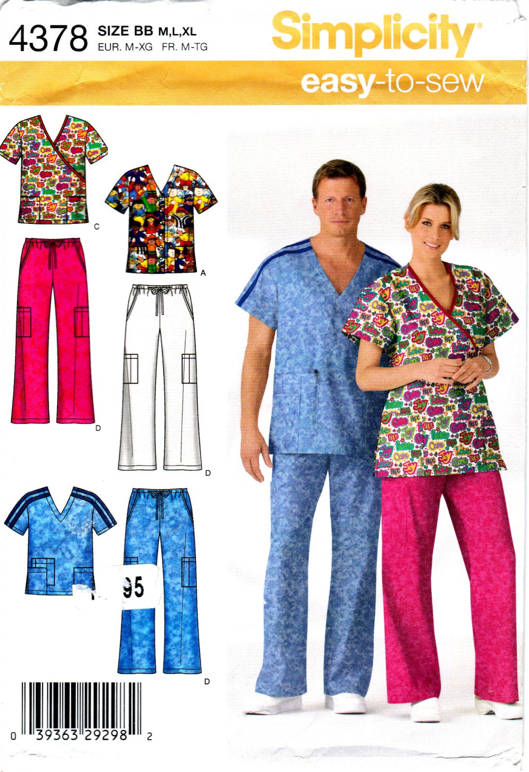 Simplicity 4378 Misses Mens Teens Sewing Pattern Uniform Scrubs Pants Tops Unisex Sizes M-L-XL Easy