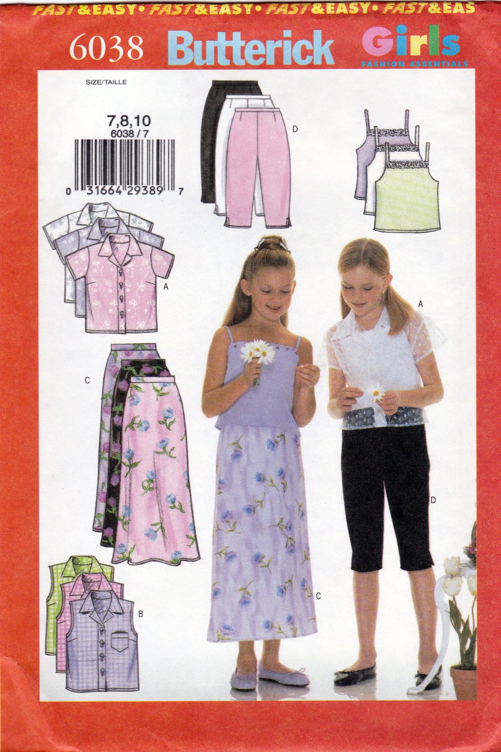 Butterick 6038 B6038 Girls Sewing Pattern Childrens Shirt Camisole Skirt Pant Sizes 7-8-10 Easy