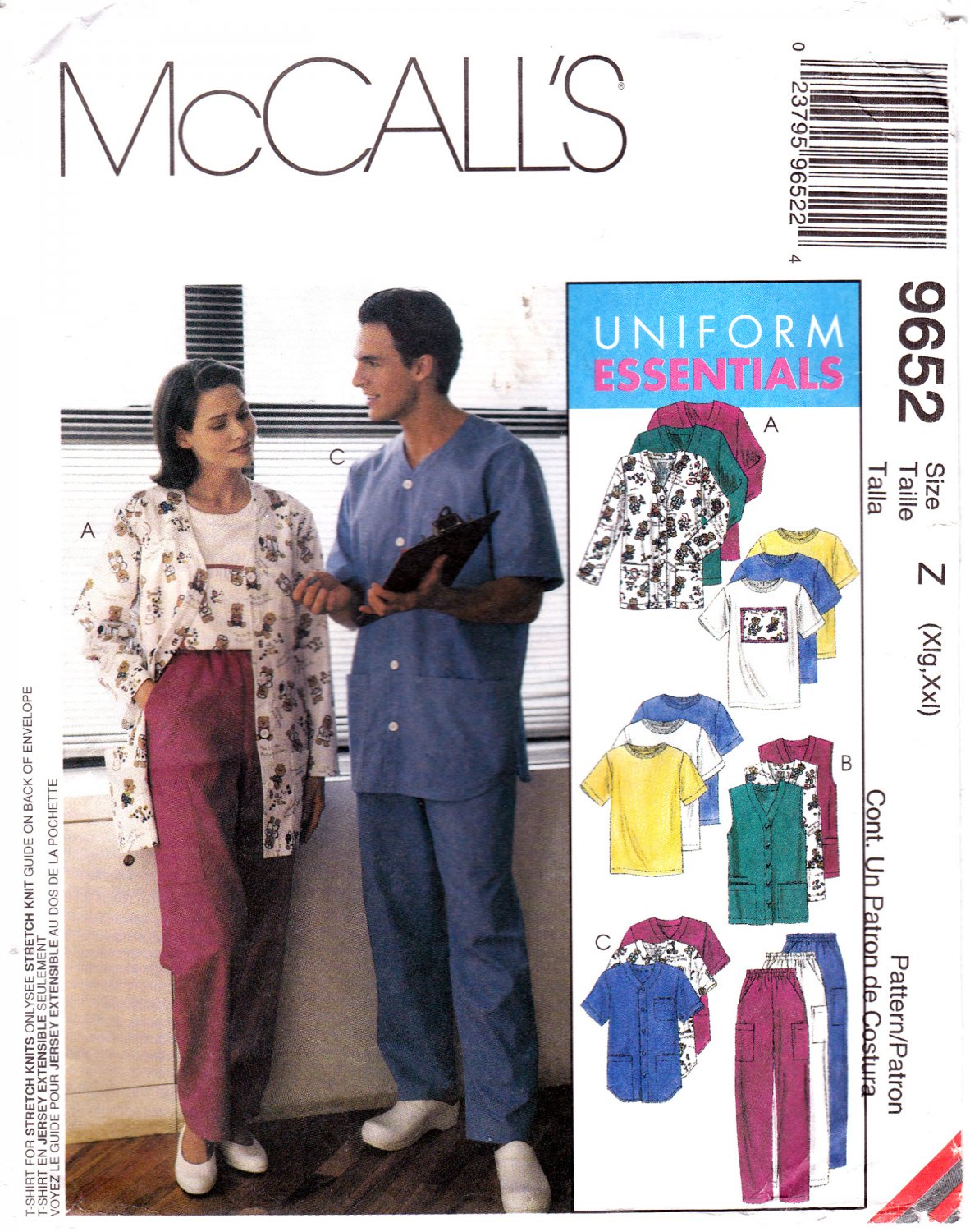 McCall's 9652 M9652 Misses Mens Sewing Pattern Unisex Uniform Scrubs Pants Vest Shirt Sizes Xlg-Xxl