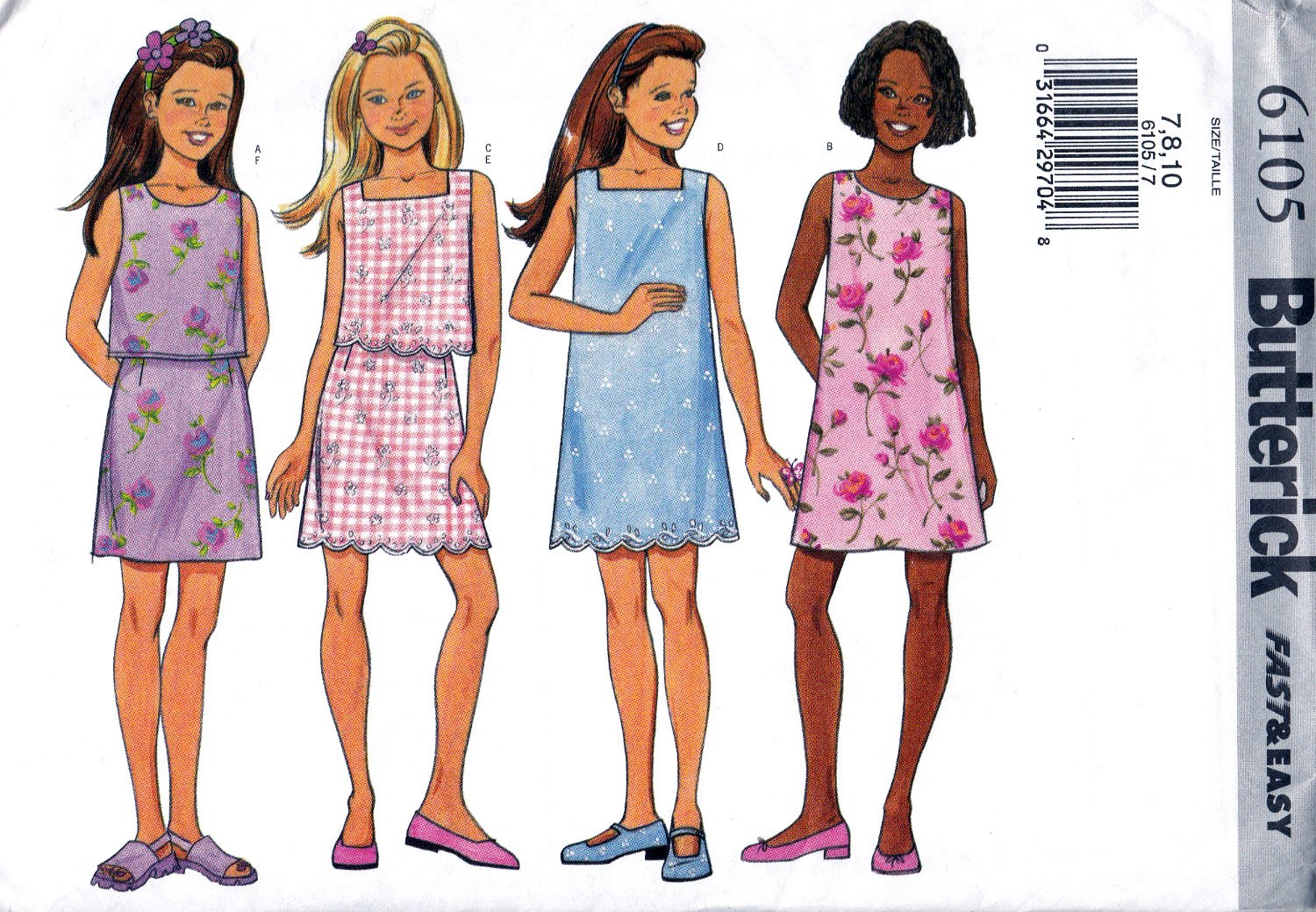 Butterick 6105 B6105 Girls Sewing Pattern Childrens Easy Sew Top Skirt Dress Kids Size 7-8-10