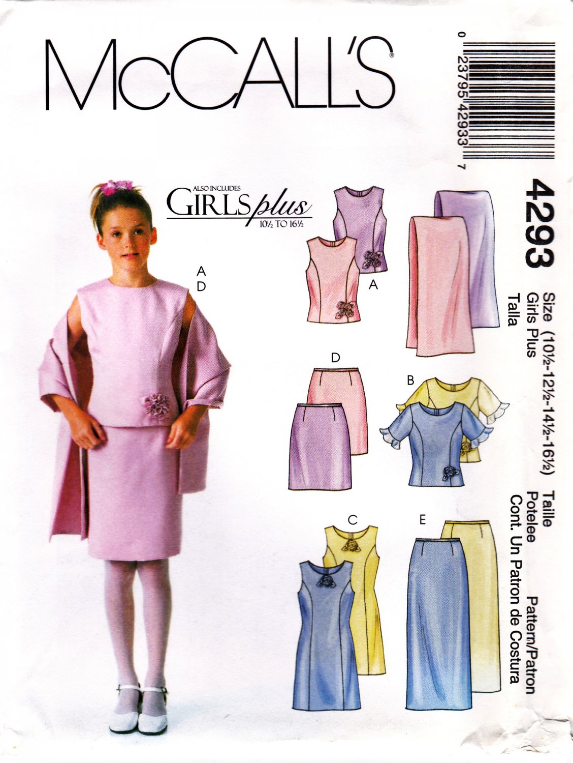 McCall's 4293 M4293 Girls Plus Sewing Pattern Special Occassion Skirt Top Dress Size 10 1/2-16 1/2