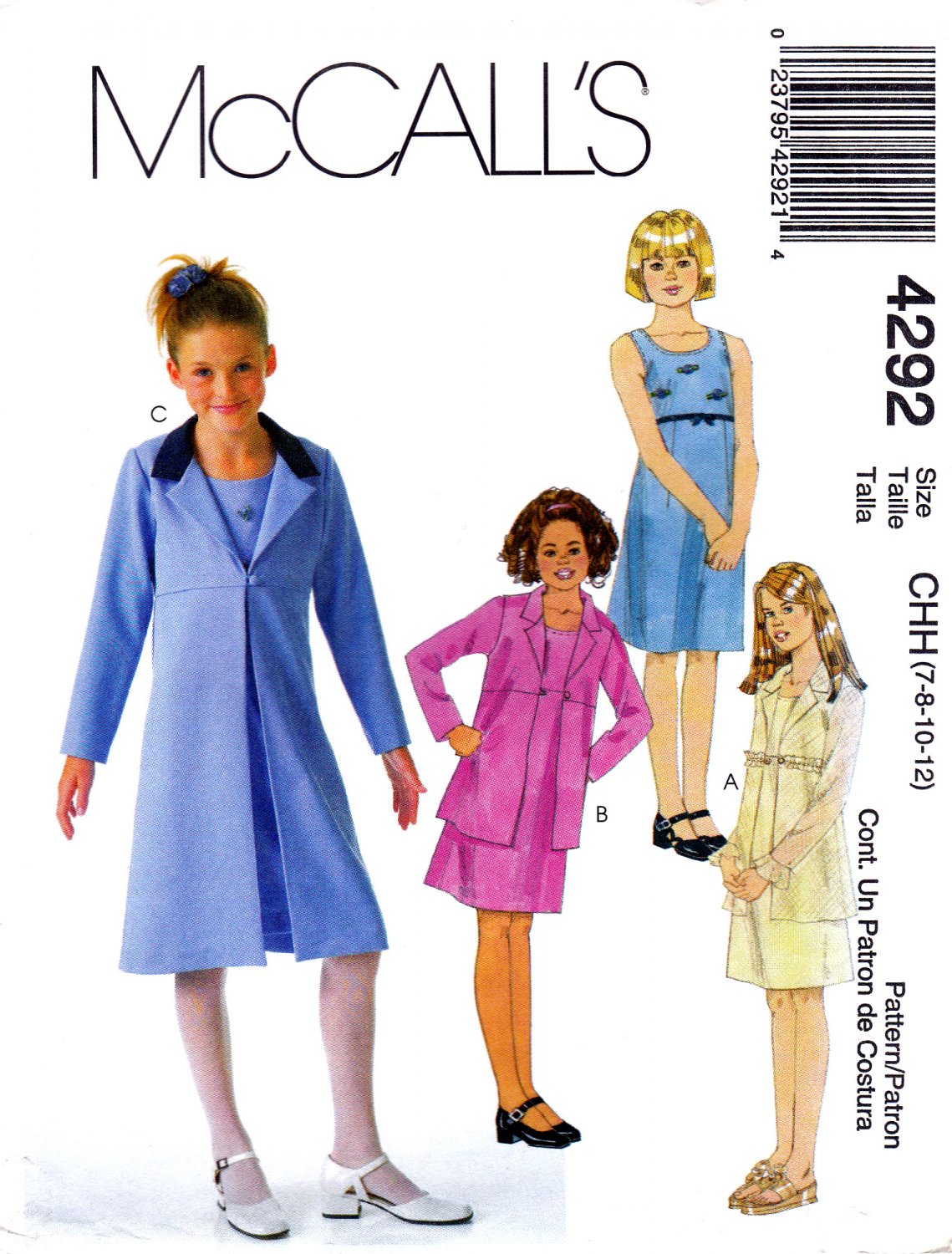 McCall's 4292 M4292 Girls Sewing Pattern Childrens Dress and Unlined Jacket Sizes 7-8-10-12