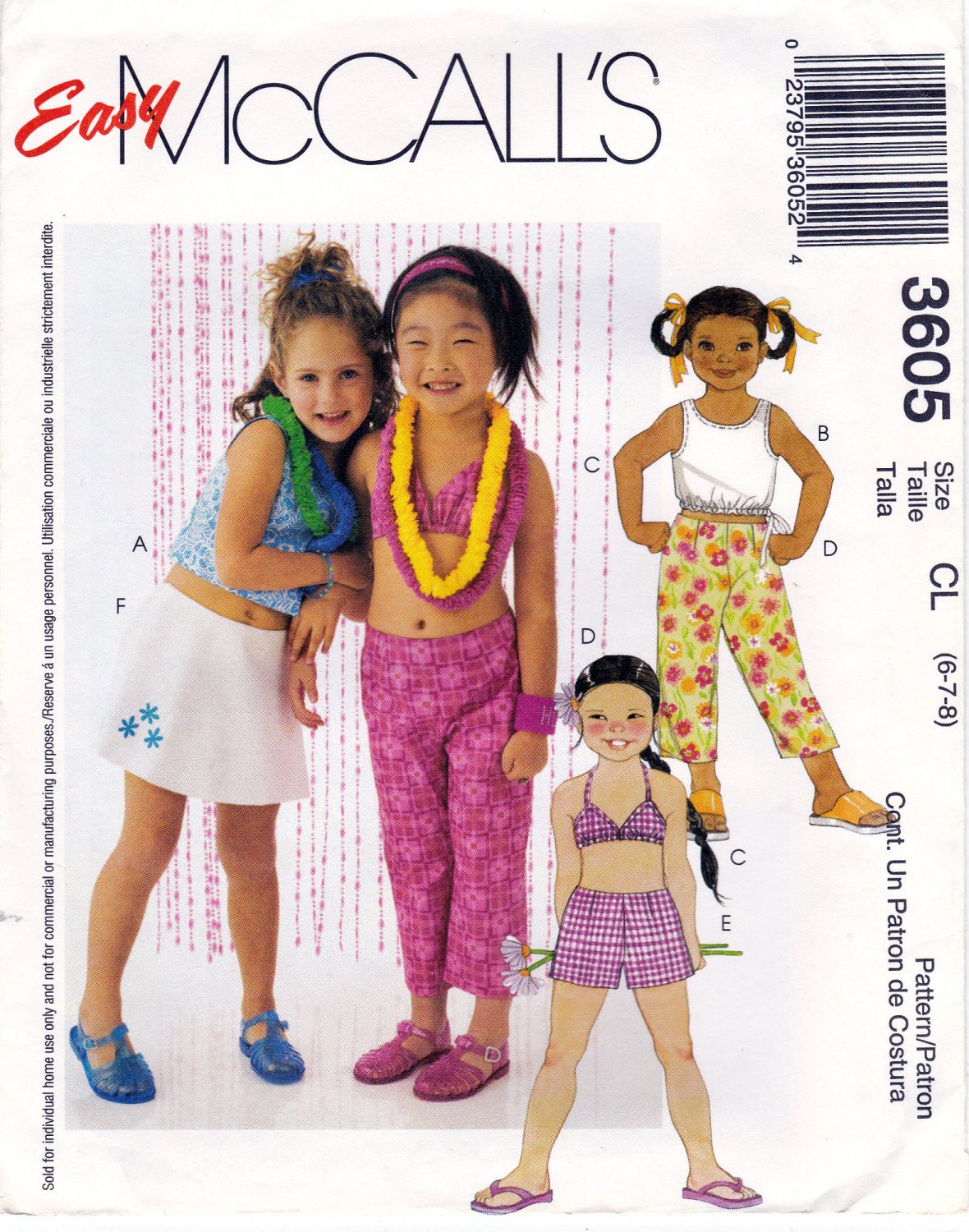 McCall's 3605 M3605 Girls Sewing Pattern Childrens Tops Capri Pants Shorts Skort Sizes 6-7-8