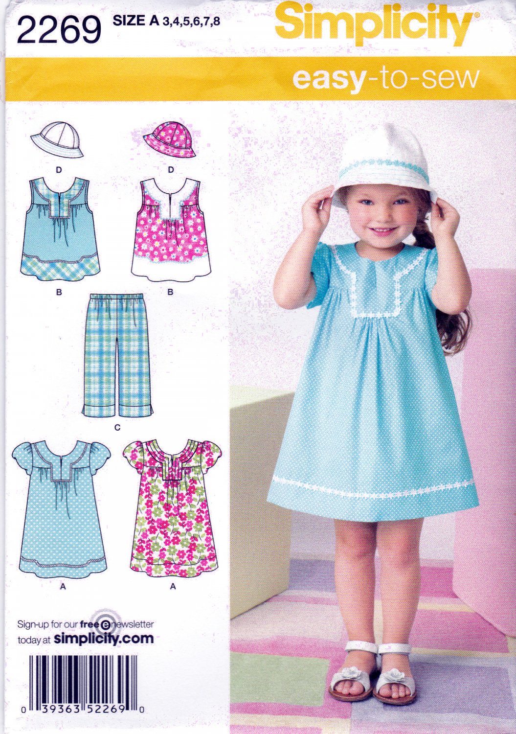 Simplicity 2269 Girls Dress Top Cropped Pants Hat Childrens Sewing Pattern Kids Sizes 3-4-5-6-7-8