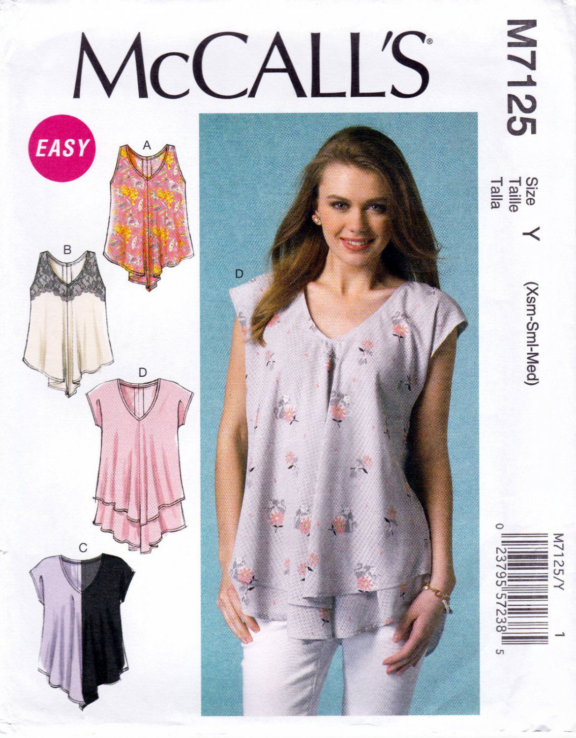 McCall's M7125 7125 Misses Loose Fitting Pullover Tops Sewing Pattern Sizes Xsm-Sml-Med Easy Sew