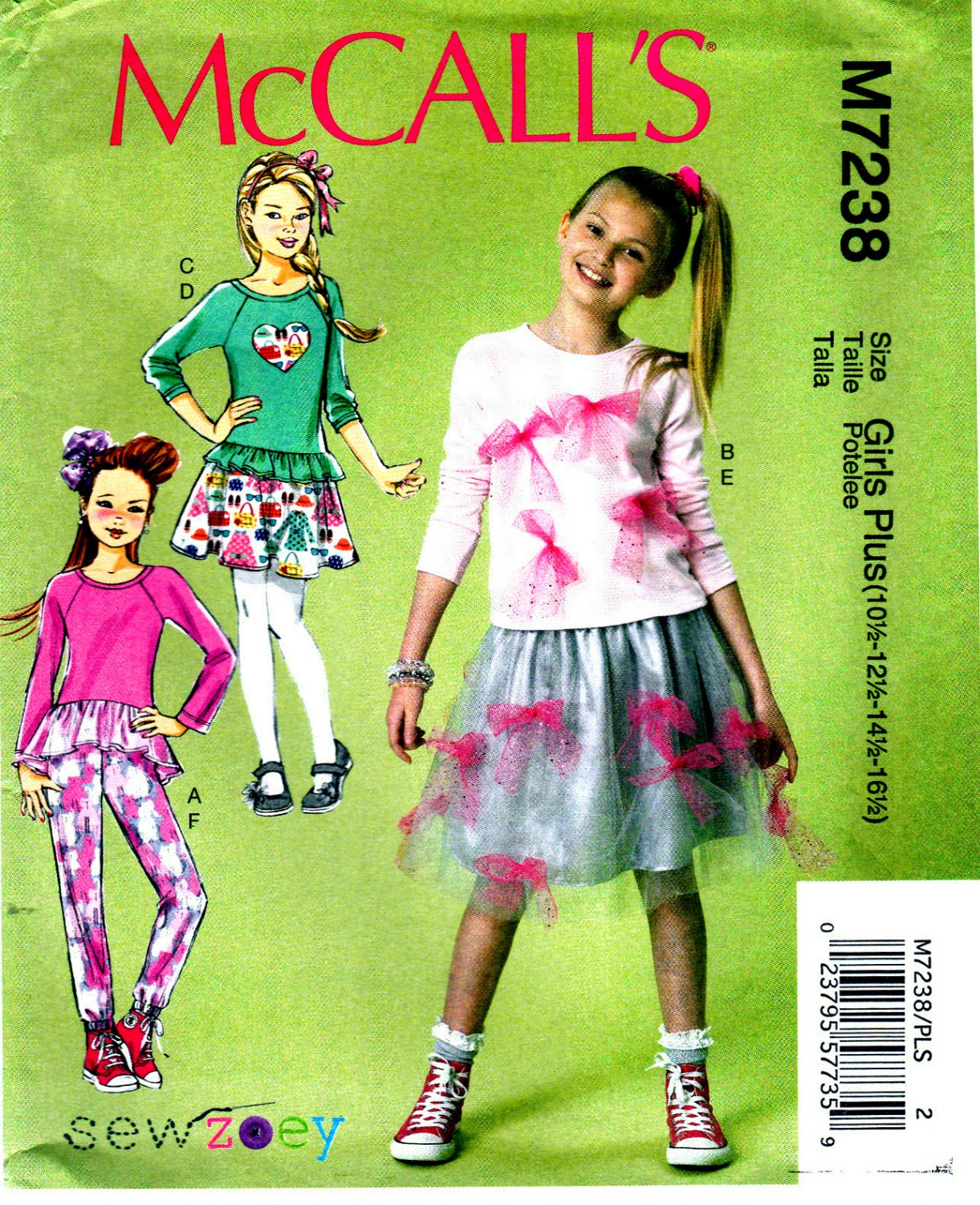 McCall's M7238 7238 Girls Plus Sewing Pattern Tops Skirts Pant Kids 10 1/2, 12 1/2, 14 1/2, 16 1/2