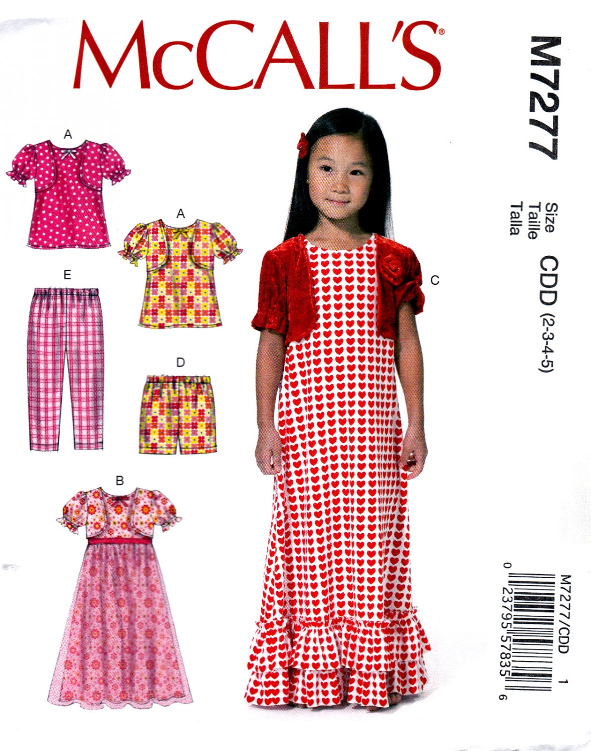 McCall's M7277 7277 Girls Pant Dress Shorts Puff Sleeve Top Children Sewing Pattern Kid Size 2-3-4-5