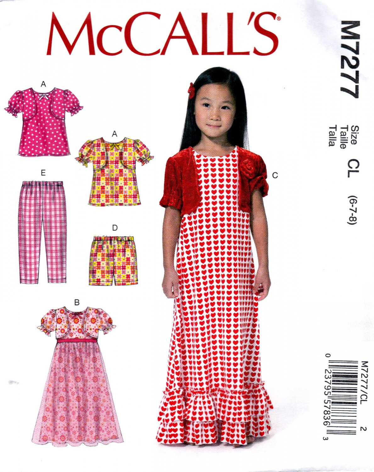 McCall's M7277 7277 Girls Pants Dress Shorts Puff Sleeve Top Children Sewing Pattern Kids Size 6-7-8