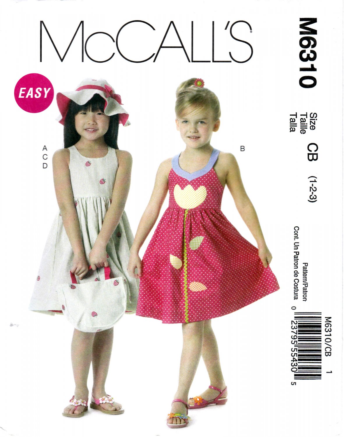 McCall's 6310 M6310 Toddler Girls Sewing Pattern Sundress Hat AppliquÃ© Children Kids Sizes 1-2-3