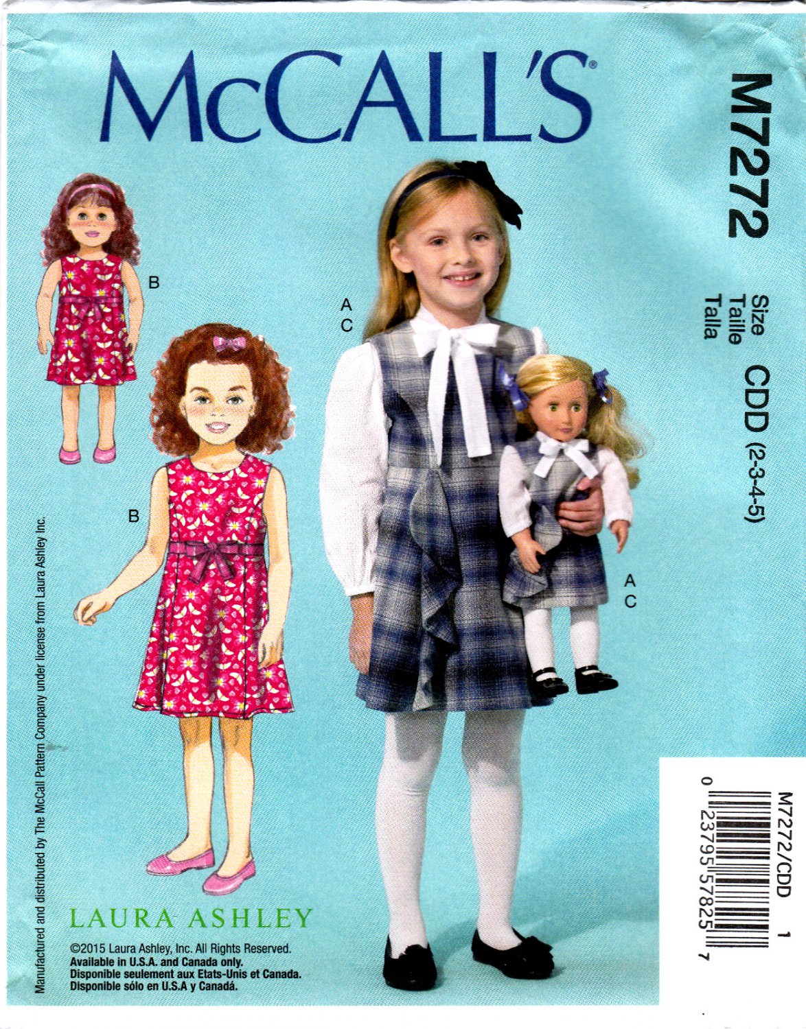 McCall's M7272 7272 Girls Blouse Jumper with 18" Doll Outfit Sewing Pattern Childrens Sizes 2-5 Kids