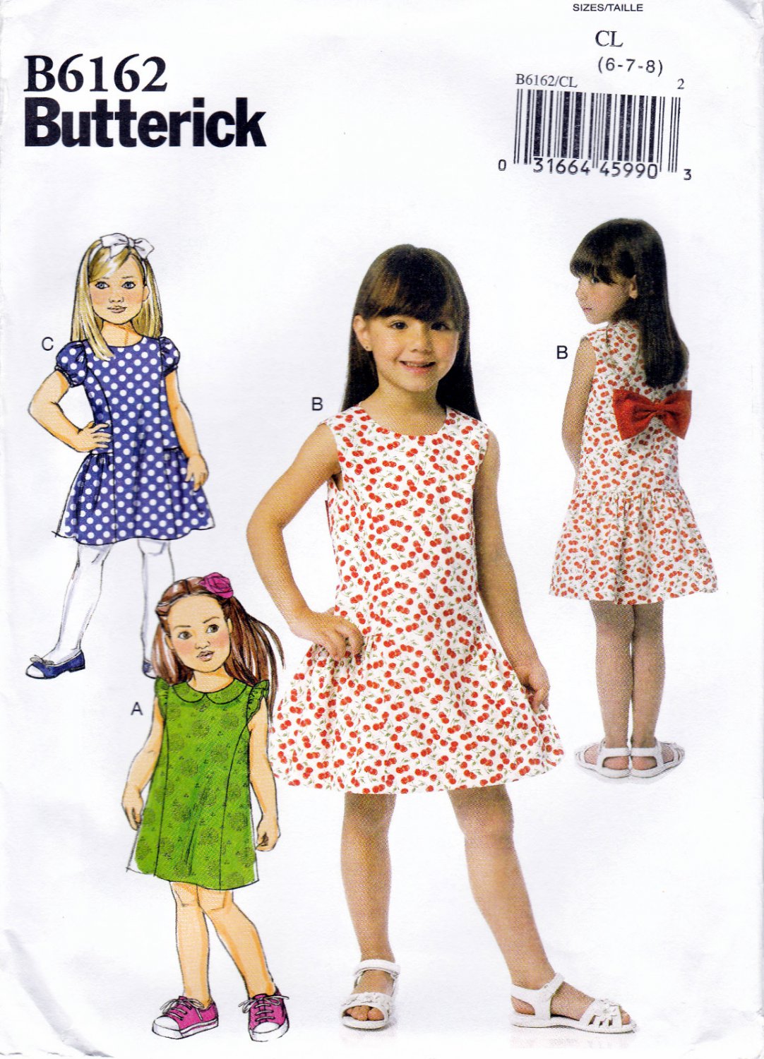 Butterick B6162 6162 Girls Lined Dresses Childrens Sewing Pattern Detachable Bow Kids Sizes 6-7-8