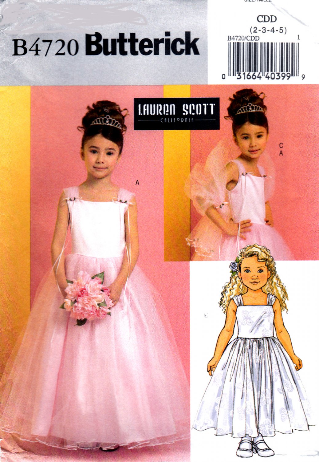 Butterick B4720 4720 Girls Sewing Pattern Dressy Formal Dresses and Wrap Childrens Sizes 2-3-4-5