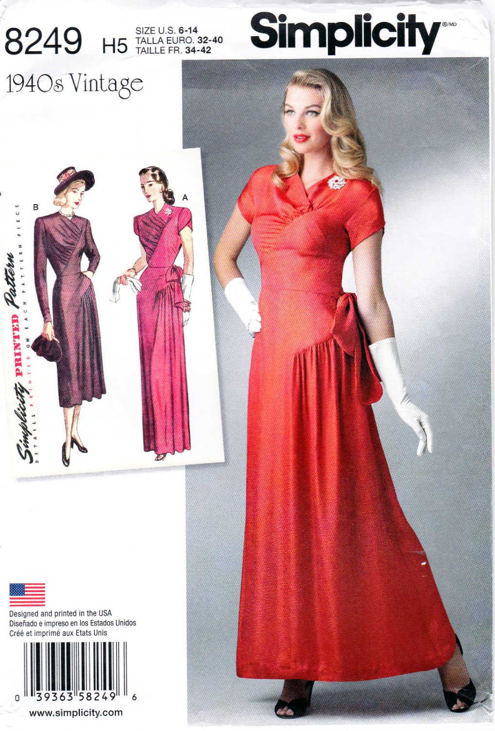 Simplicity 8249 Misses Dress Formal Gown Retro 1940 Vintage Style Sewing Pattern Sizes 6-14
