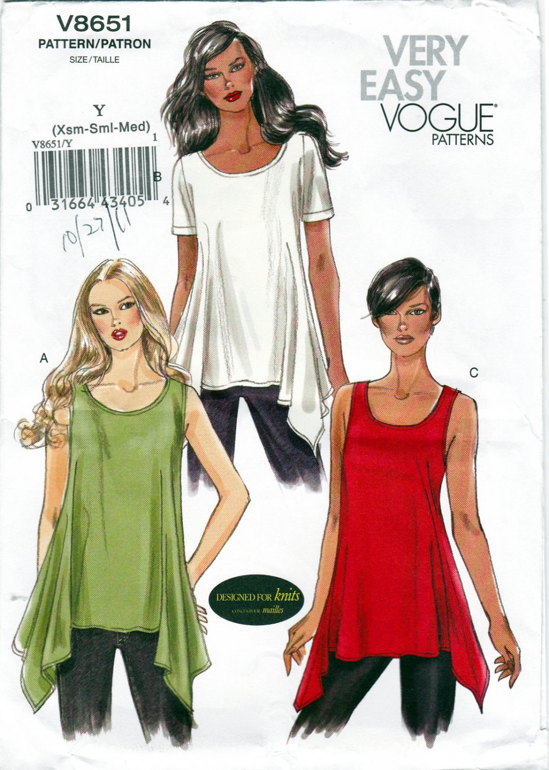 Vogue V8651 8651 Misses Tunics Sewing Pattern Sizes Xsm-Sml-Med Very Easy Sew