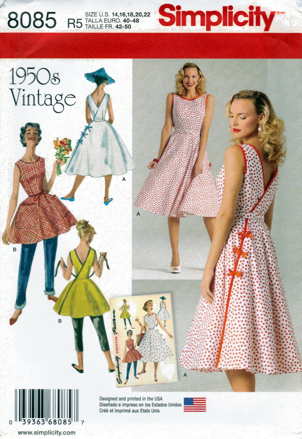 Simplicity 8085 Womens Back Wrap Dress Sewing Pattern 1950 Vintage Style Retro Size 14-16-18-20-22