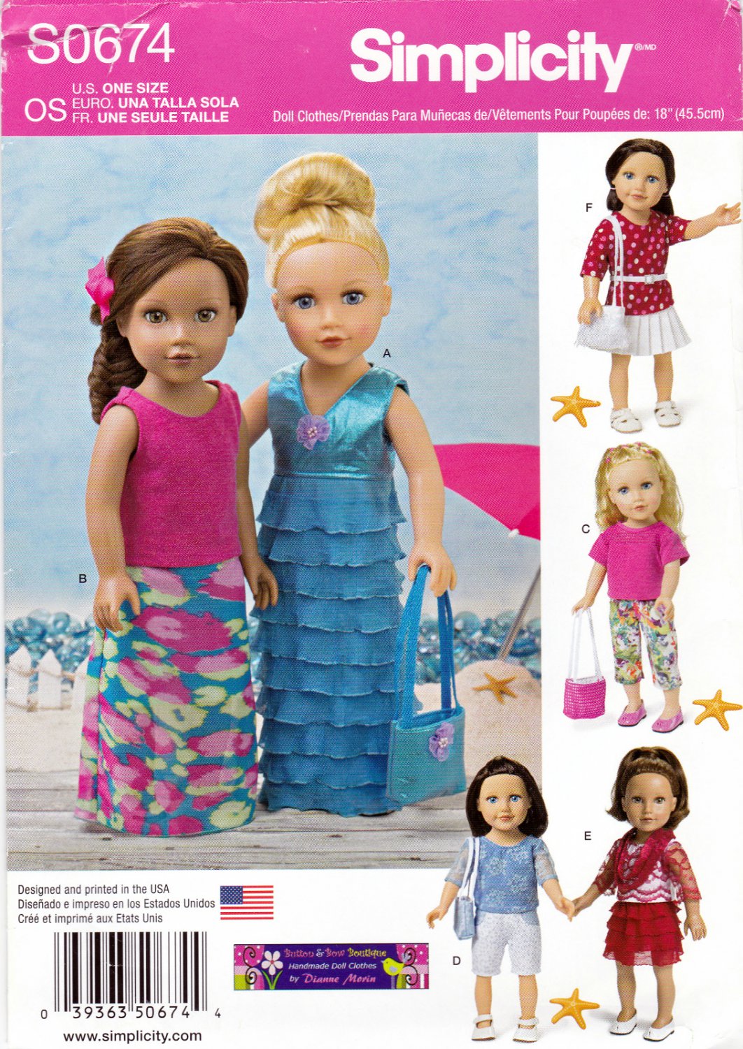 Simplicity S0674 or 1178 Crafts 18" Doll Clothes Sewing Pattern Summer Dress Skirt Top Shorts OSZ