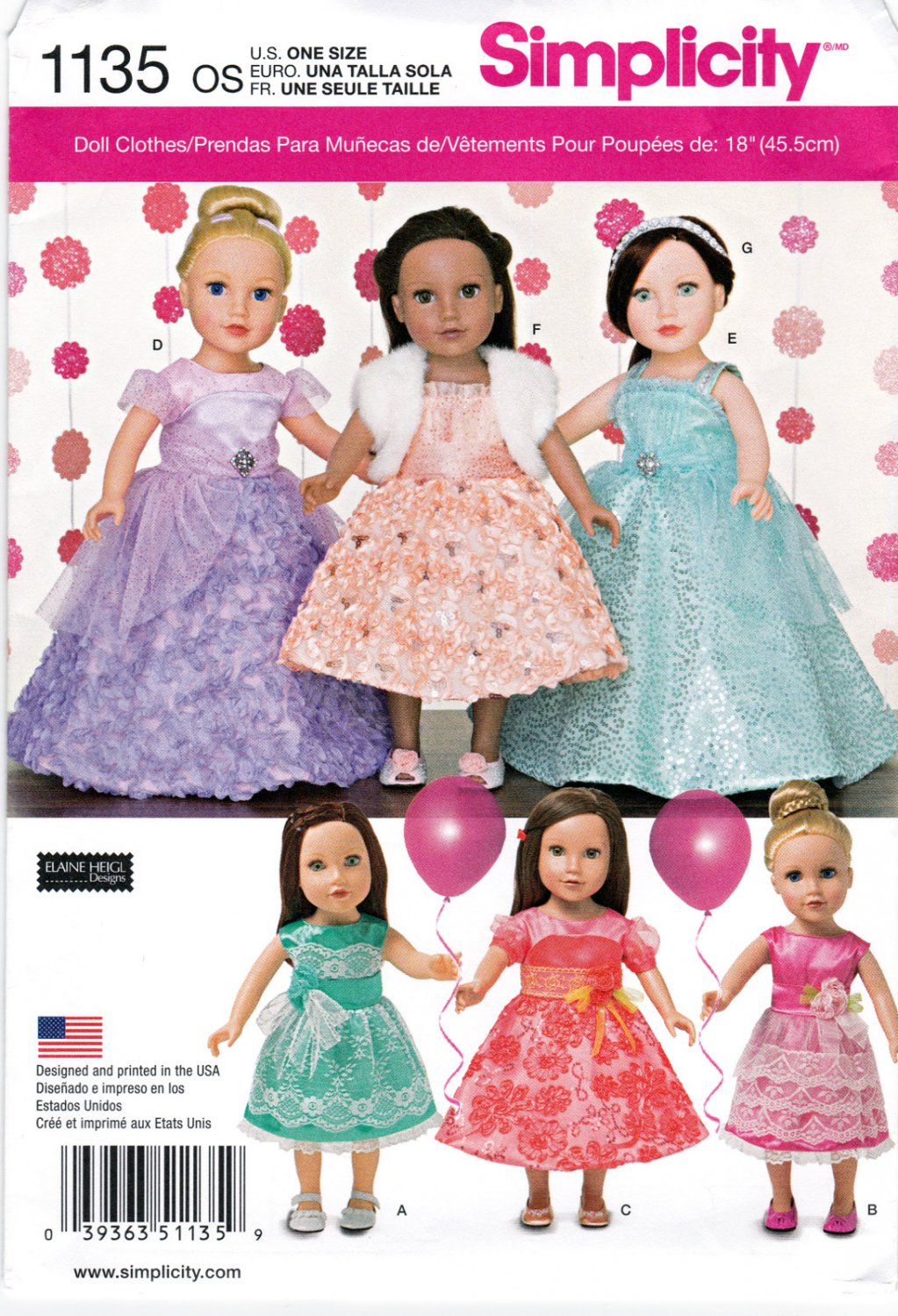 Simplicity 1135 or S0673 Crafts 18" Doll Clothes Sewing Pattern Dress Shrug Tiara Style Var OSZ
