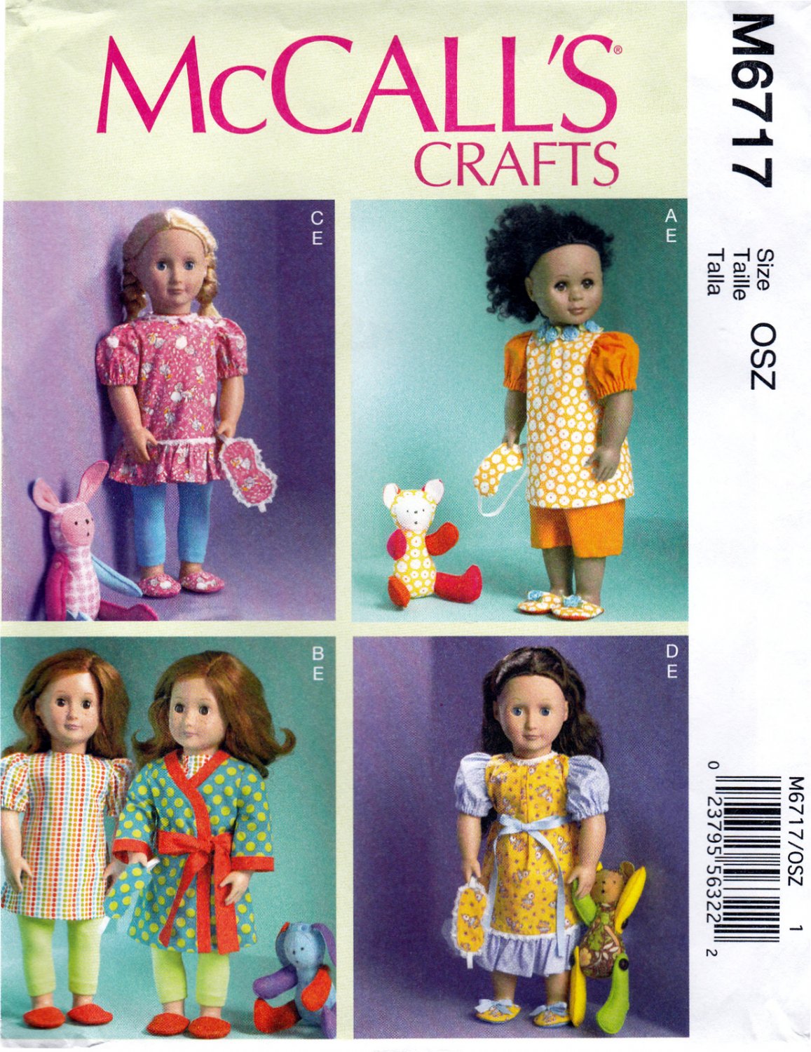 McCall's M6717 6717 Crafts 18" Doll Clothing Sewing Pattern Nightgown Size OSZ