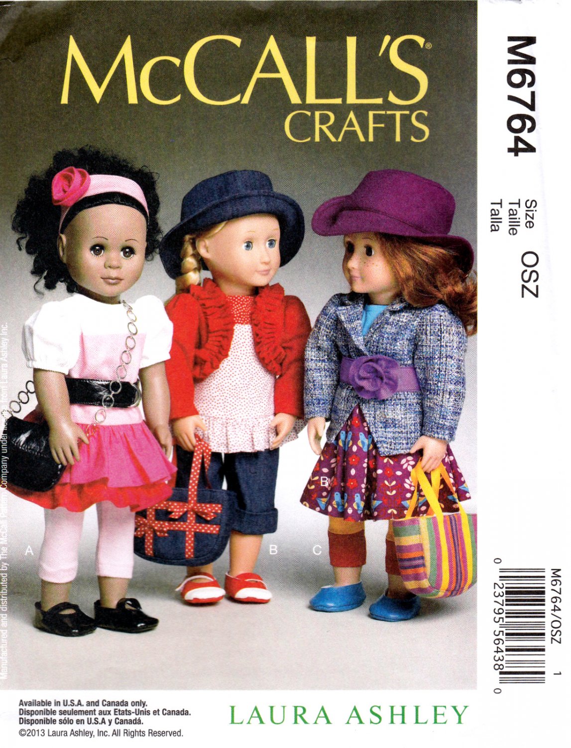 McCall's M6764 6764 Crafts 18" Doll Winter Outfits Hats Bags Sewing Pattern Laura Ashley Size OSZ