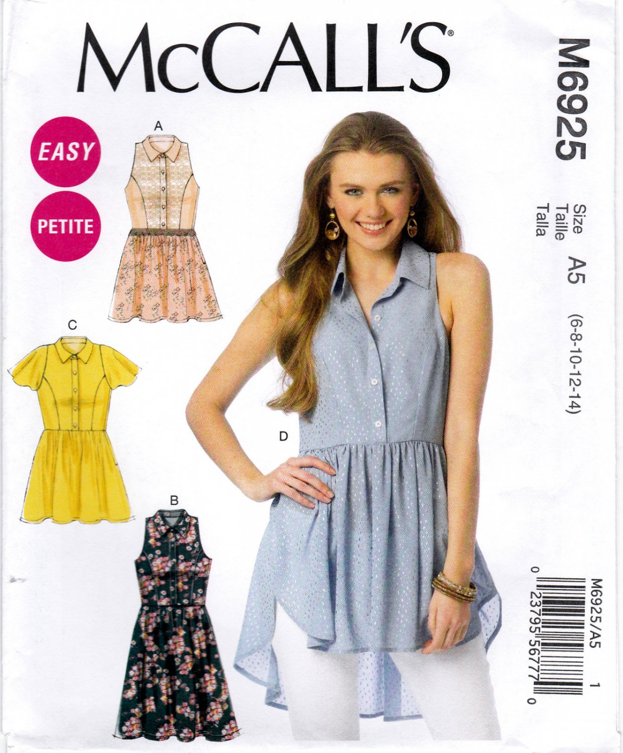 McCall's M6925 6925 Misses Petite Tops Tunic Dress Easy Sewing Pattern Sizes 6-8-10-12-14