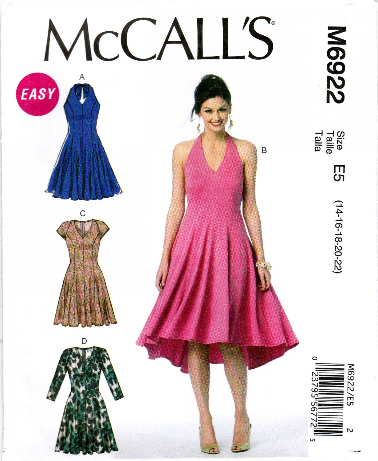 McCall's M6922 6922 Misses Womens Sewing Pattern Halter or Raglan Dresses Sizes 14-16-18-20-22