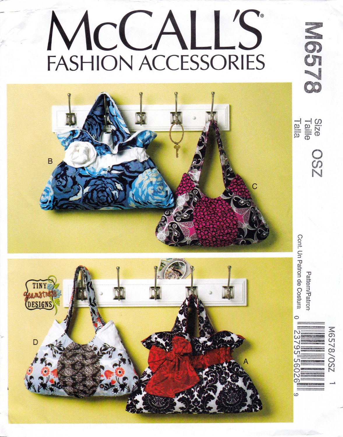 McCall's M6578 6578 Fashion Accessories Totes Bags Purses Lined with Pockets Sewing Pattern Size OSZ