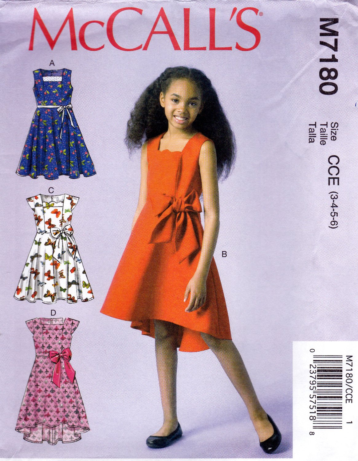 McCall's M7180 7180 Girls Dresses Sewing Pattern Childrens Kids Sizes 3-4-5-6 Varying Hem Styles