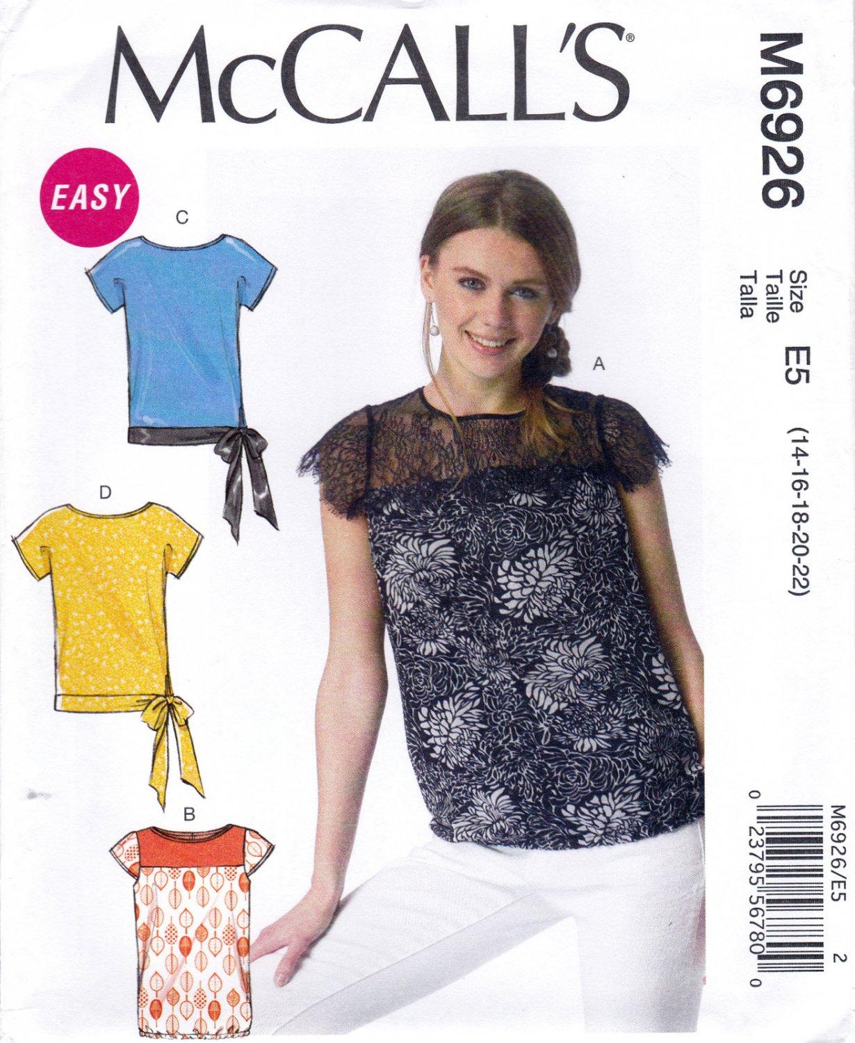 McCall's M6926 6926 Womens Misses Pullover Tops Sewing Pattern Sizes 14-16-18-20-22 Easy