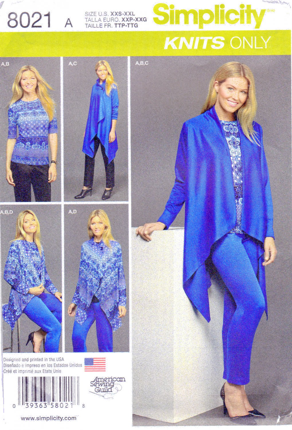 Simplicity 8021 Misses Womens Sewing Pattern Knit Tops Pants Cardigan 2 Lengths Sizes XXS-XXL
