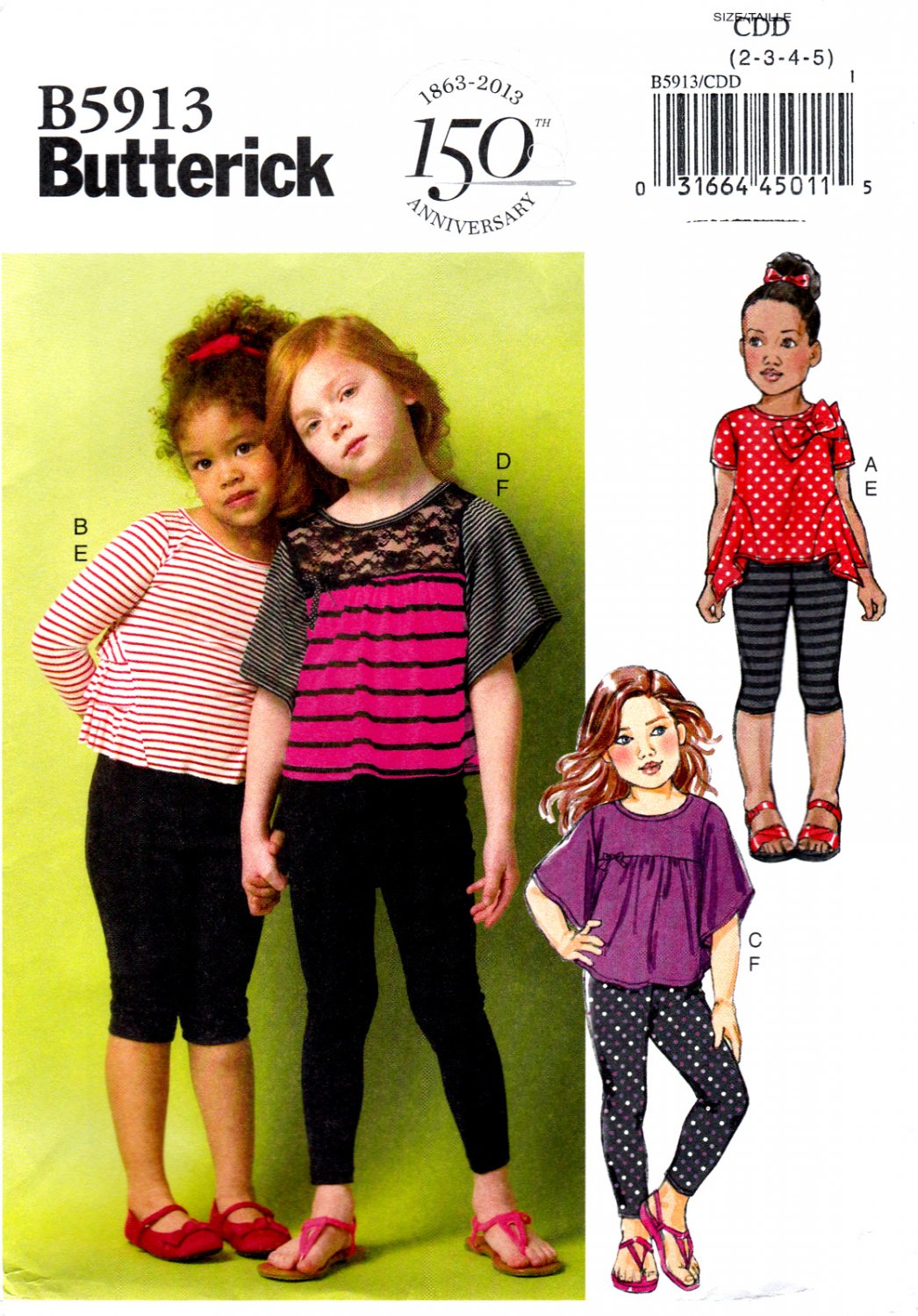 Butterick B5913 5913 Girls Pullover Tops Leggings Easy Sewing Pattern Sizes 2-3-4-5 Varying Sleeves