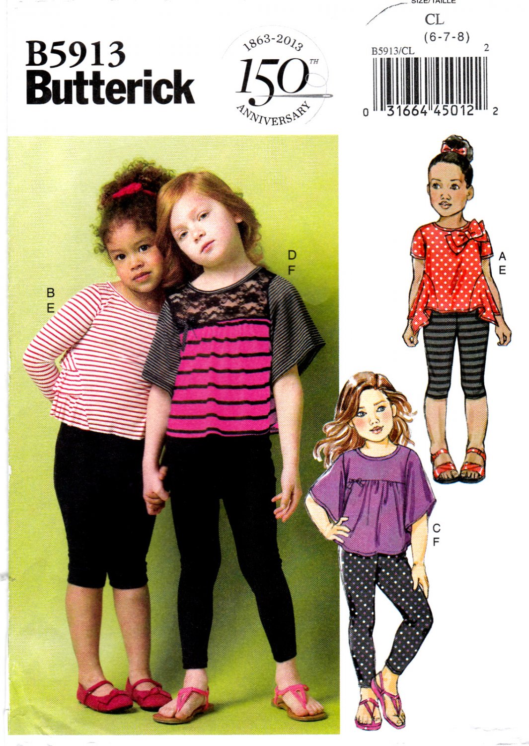 Butterick B5913 5913 Girls Pullover Tops Sewing Pattern Leggings Sizes 6-7-8 Varying Sleeves