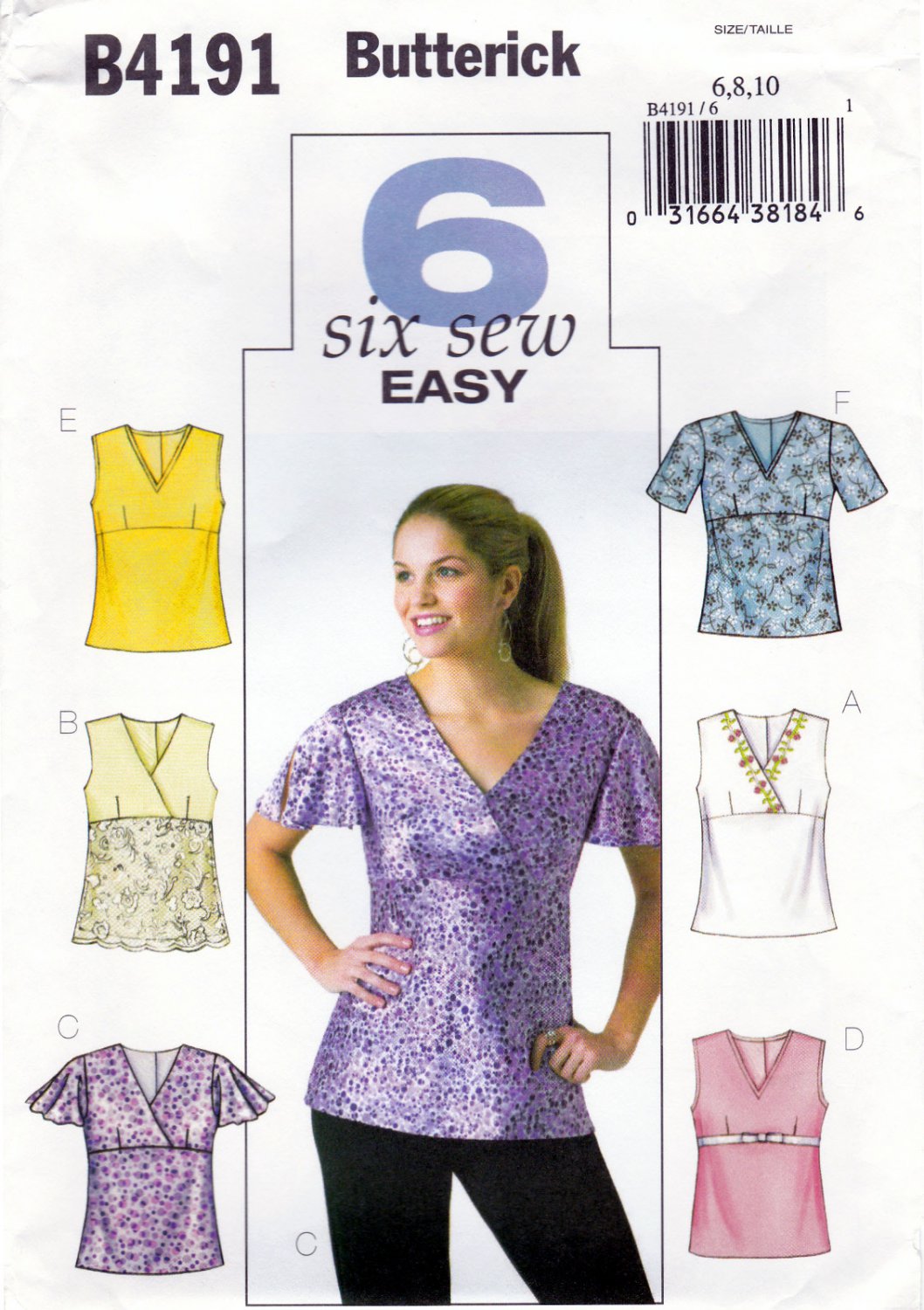 Butterick B4191 4191 Misses Petite Pullover Tops Sewing Pattern Six Looks In One Easy Sizes 6-8-10