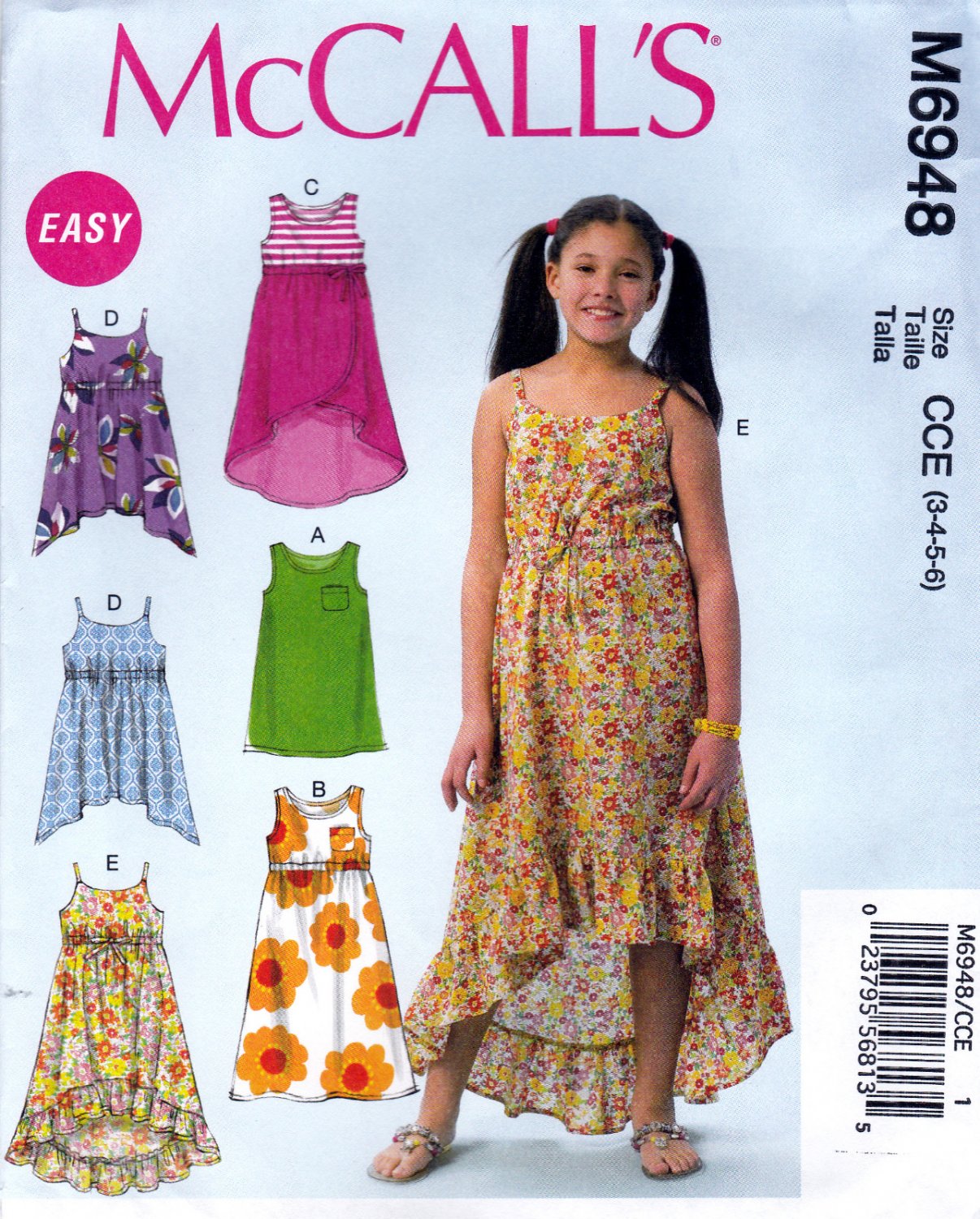 McCall's M6948 6948 Girls Pullover Dresses Sewing Pattern Children Varying Styles Kids Sizes 3-4-5-6