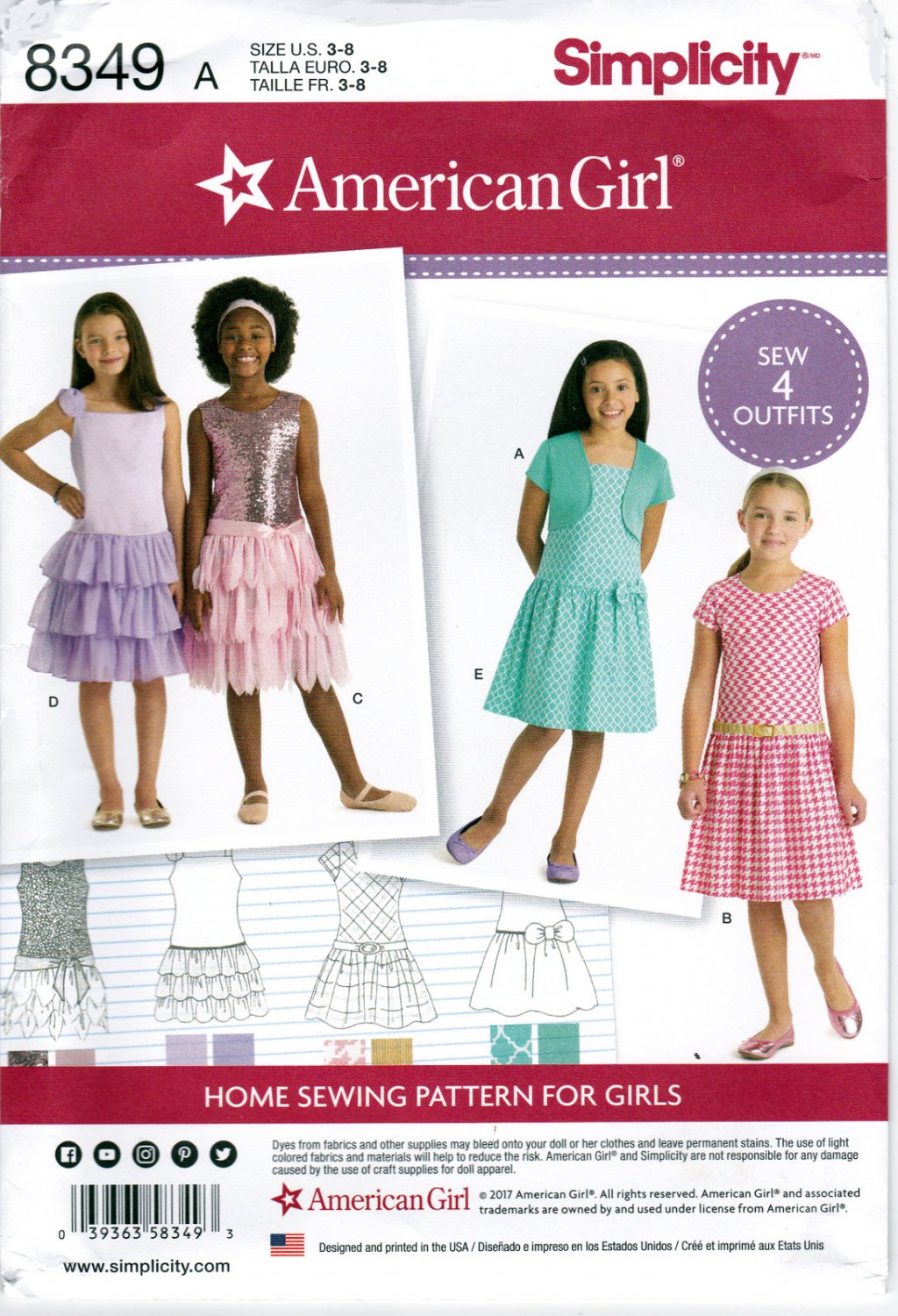 Simplicity 8349 Girls American Girl Brand Dresses Shrug Sewing Pattern 4 Outfits Childrens Sizes 3-8