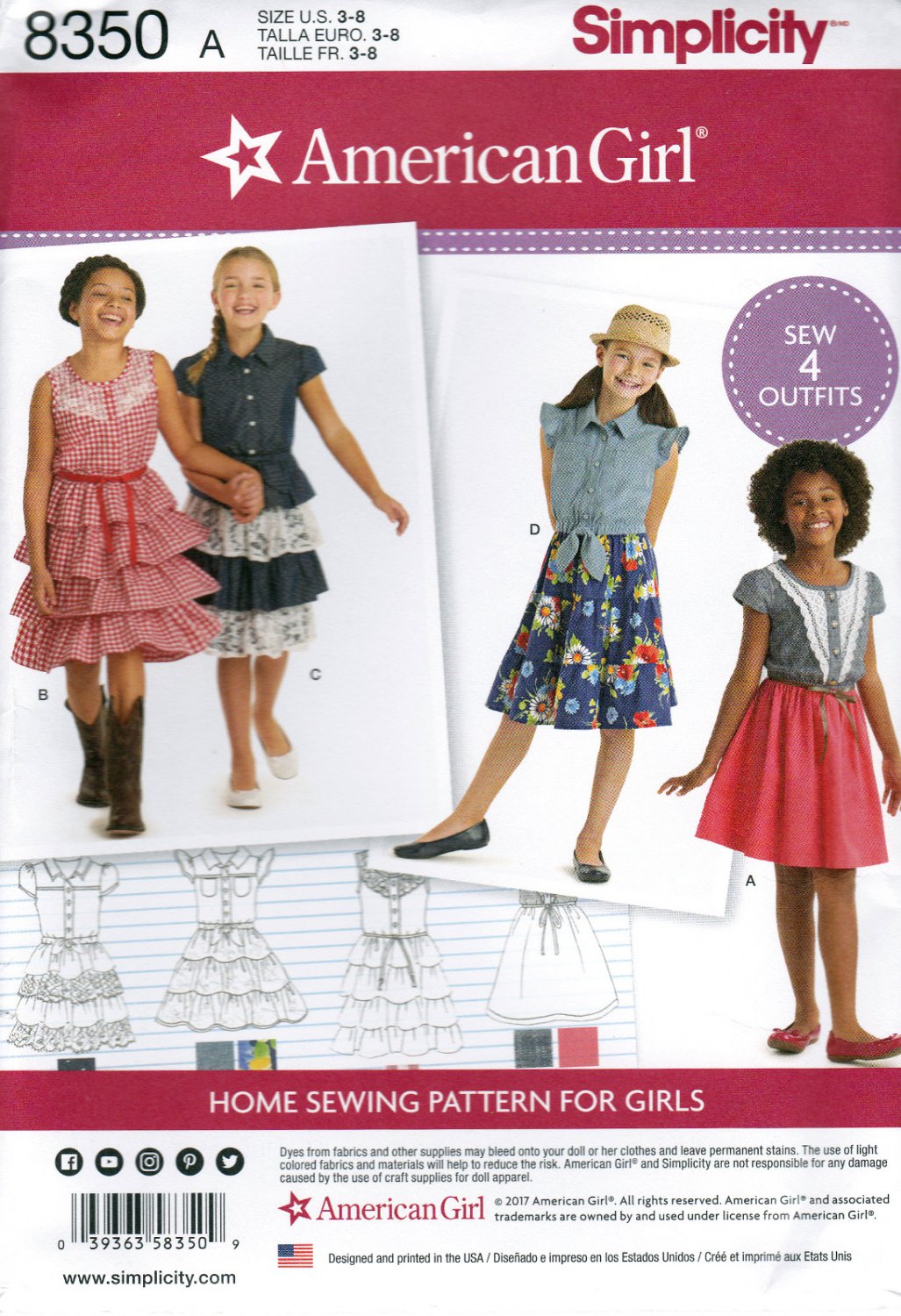 Simplicity 8350 Girls American Girl Brand Dresses 4 Outfits Sewing Pattern Childrens Kids Sizes 3-8