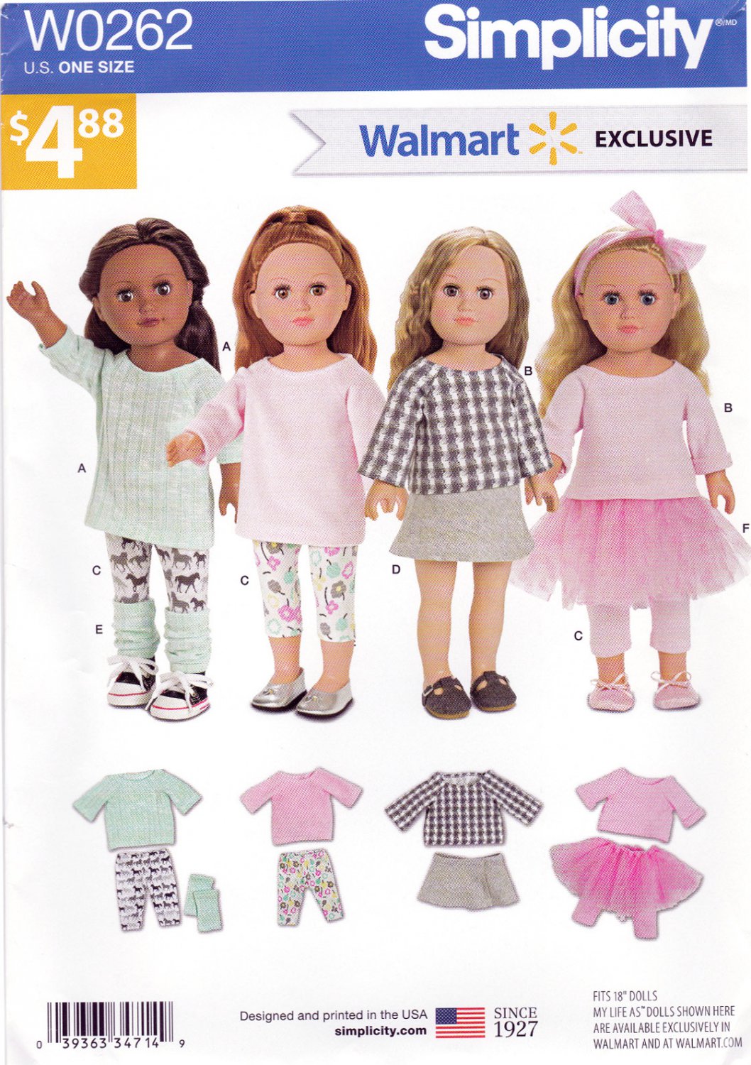 Simplicity W0262 0262 Crafts 18" Doll Clothes Sewing Pattern Leg Warmers Tutu Skirt Top Tunic OSZ