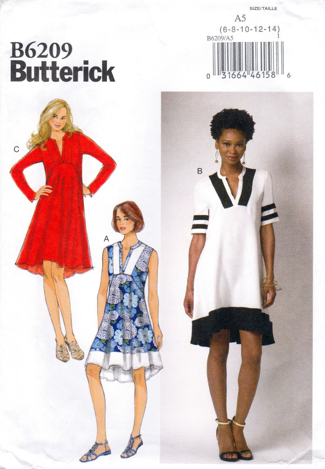 Butterick B6209 6209 Misses Pullover Dress Sewing Pattern Side Pockets Slit-Neck Sizes 6-8-10-12-14