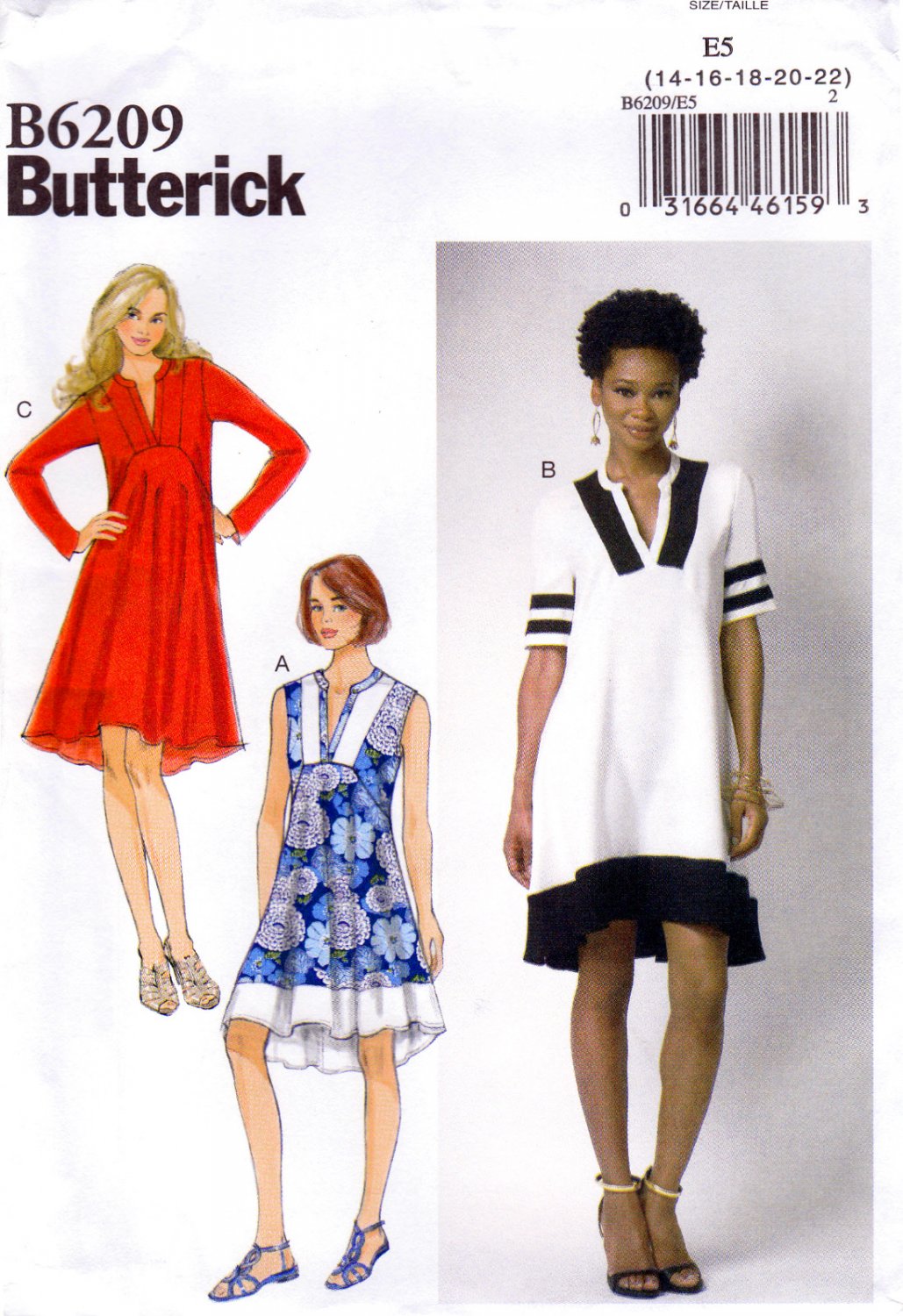 Butterick B6209 6209 Womens Misses Pullover Dress Sewing Pattern Slit Neck Sizes 14-16-18-20-22