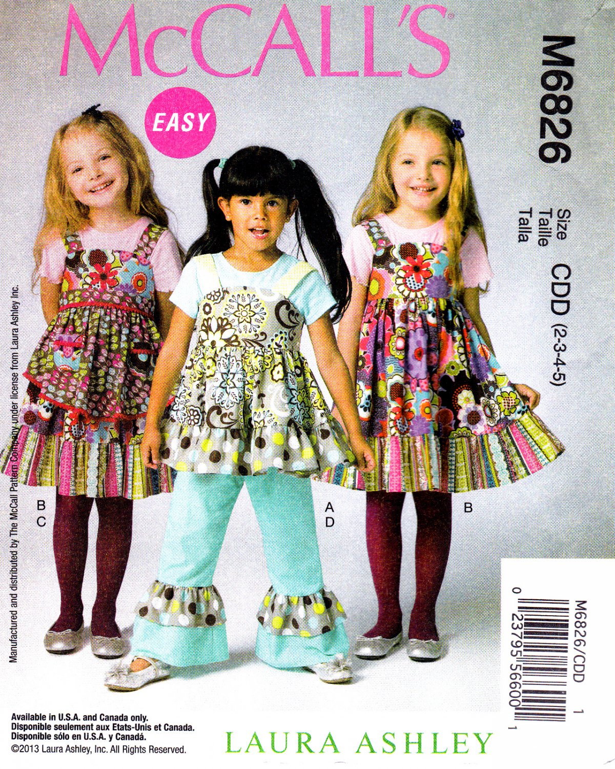 McCall's M6826 6826 Girls Dress Ruffled Top Apron Pants Kids Sewing Pattern Childrens Sizes 2-3-4-5