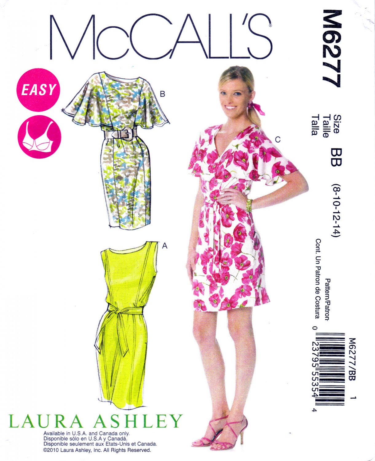 McCall's M6277 6277 Misses Lined Dresses Belt Sewing Pattern Laura Ashley Design Sizes 8-10-12-14