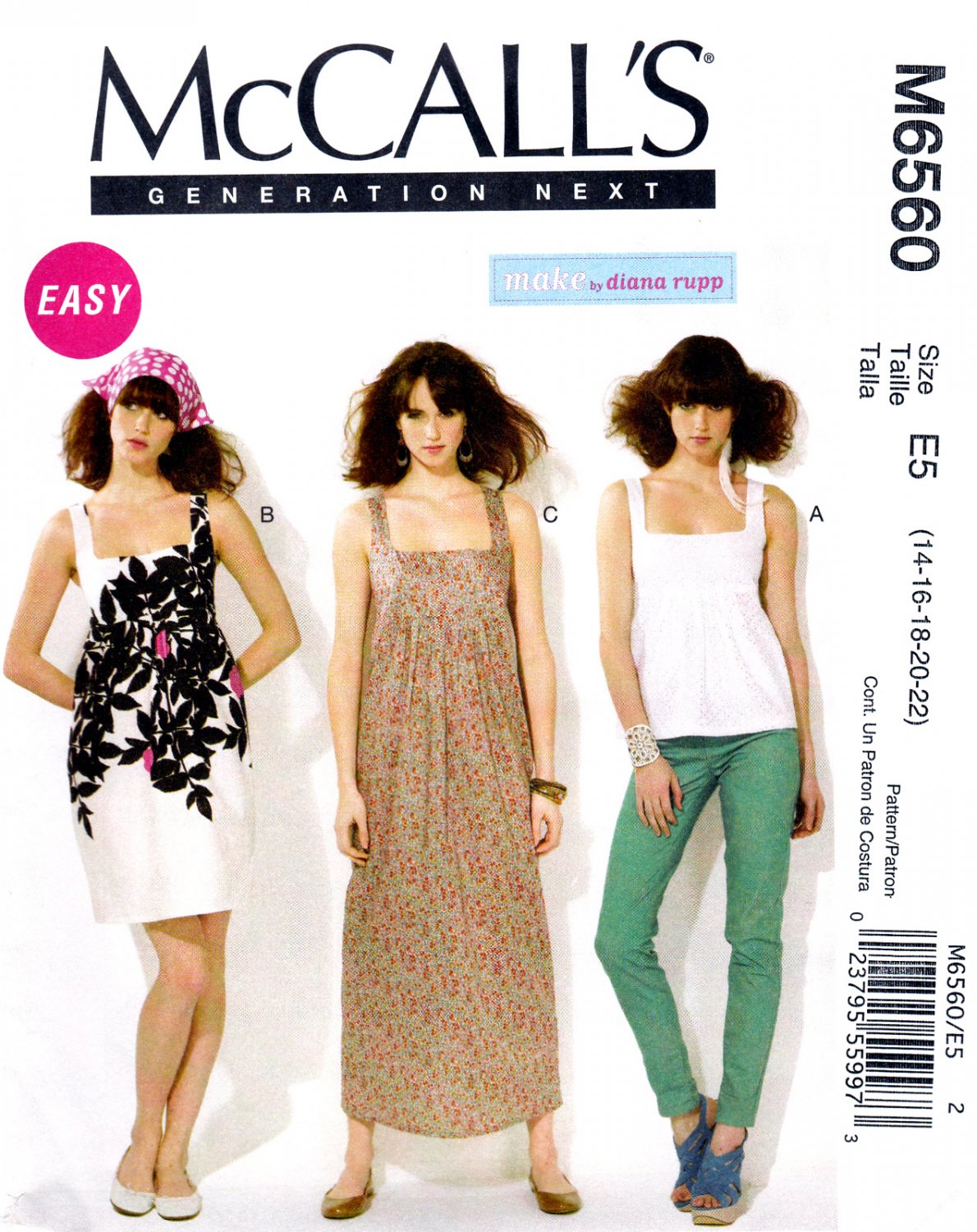 McCall's M6560 6560 Womens Misses Dresses Tops Shoulder Straps Sewing Pattern Size 14-16-18-20-22