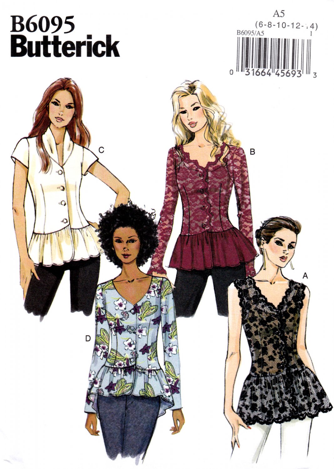 Butterick B6095 6095 Misses Tops Sewing Pattern Front Button Varying Sleeves Sizes 6-8-10-12-14