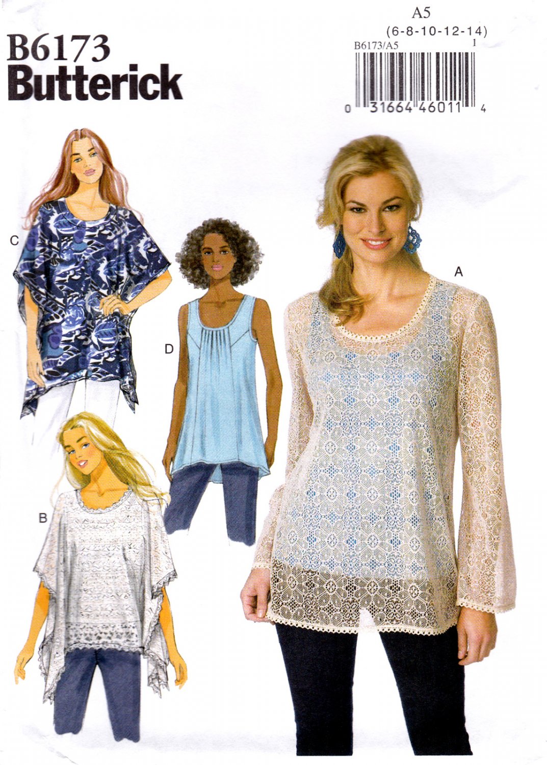 Butterick B6173 6173 Misses Pullover Tunics Tops Sewing Pattern Sizes 6-8-10-12-14 Sleeve Variations
